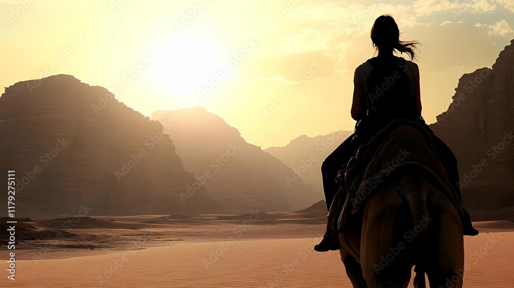 Silhouetted Traveler Rides a Camel Across the Desert at Sunset with Majestic Rock Formations Silhouetted Traveler Rides a Camel Across the Desert at Sunset with Majestic Rock Formations