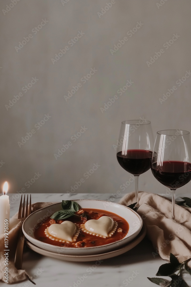 A romantic Valentines day dinner with heart-shaped ravioli and a glass of wine, on a minimalistic modern background. A romantic Valentines day dinner with heart-shaped ravioli and a glass of wine, on a minimalistic modern background.