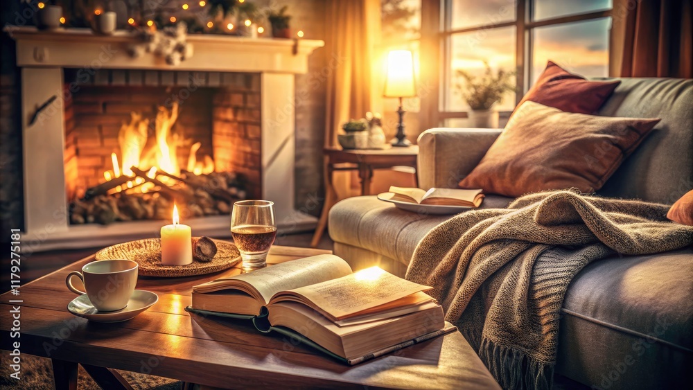 Fototapeta premium Cozy Living Room Corner with Soft Blankets, Cushions, and Open Book - Serenity, Comfort, Relaxation, Home Decor, Interior Design, Tranquil Atmosphere, Reading Nook, Warmth, Cozy Vibes, Inviting Space