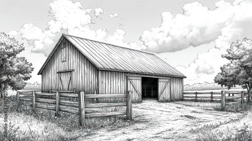 Rustic wooden barn with open double doors, wooden fence, and idyllic countryside setting. Rustic wooden barn with open double doors, wooden fence, and idyllic countryside setting.