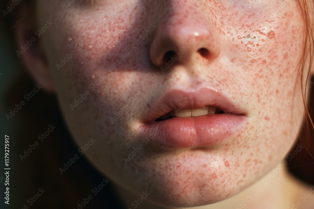 Fototapeta premium Close up of a woman's face highlighting freckles, sweat, and skin texture, emphasizing natural beauty