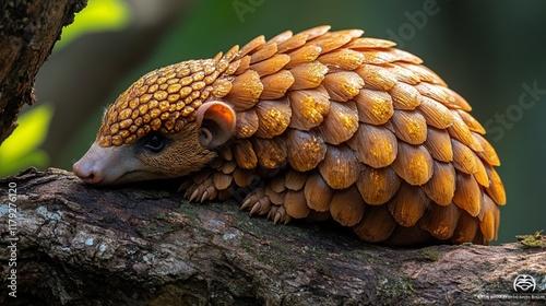 A pangolin, featuring glistening scales, is nestled in its natural surroundings, underscoring the necessity for conservation efforts for this endangered species. photo