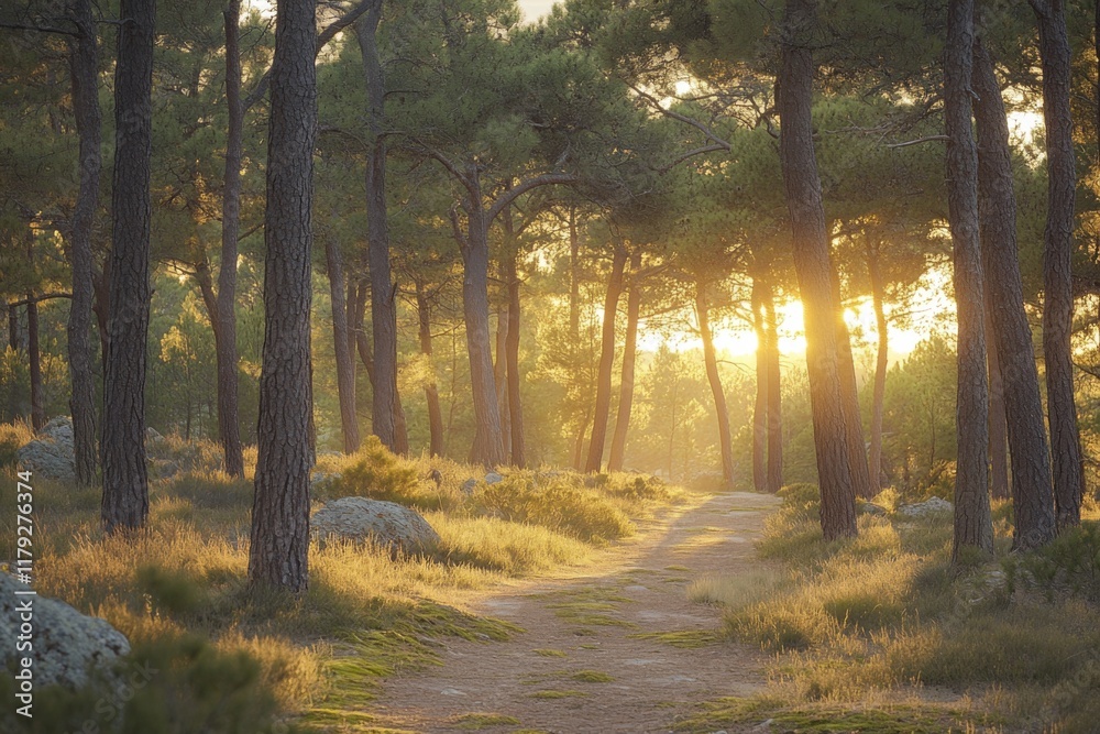 Fototapeta premium Sunlit forest path with vibrant greenery and shadows