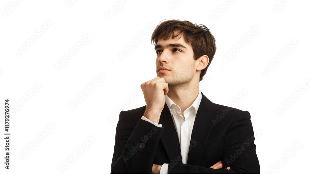 Portrait of a thoughtful young businessman in a black suit, ideal for corporate branding, financial websites, leadership articles, and business on white and transparent Backgroundpublications. Portrait of a thoughtful young businessman in a black suit, ideal for corporate branding, financial websites, leadership articles, and business on white and transparent Backgroundpublications.