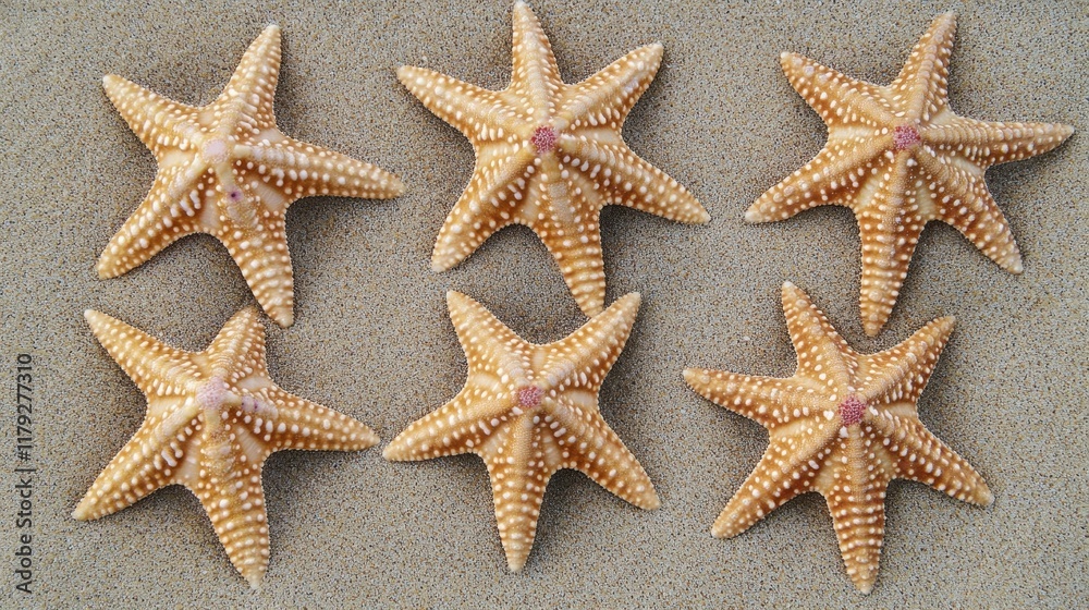 Six starfish arranged on sandy beach background. Six starfish arranged on sandy beach background.