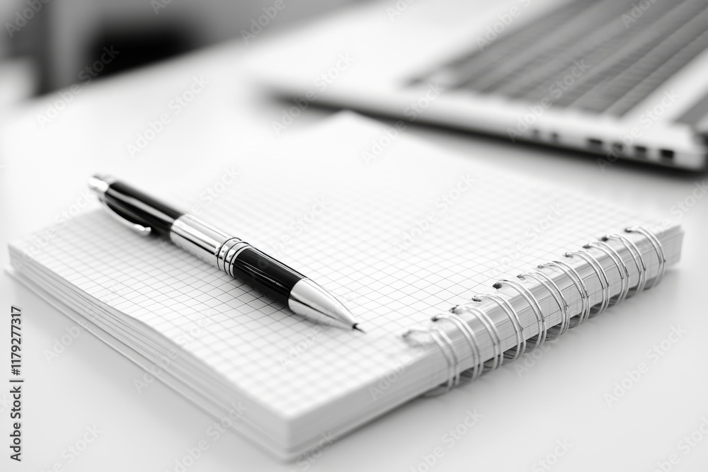 Minimalistic composition of notebook pen and coffee on white table Minimalistic composition of notebook pen and coffee on white table