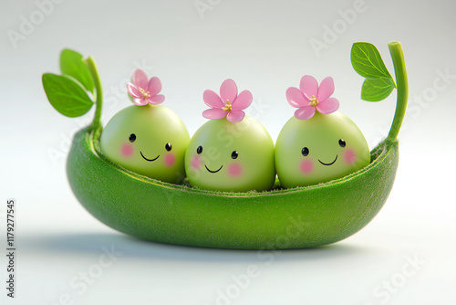 Cute little cartoon green peas in a pod isolated on white background. photo