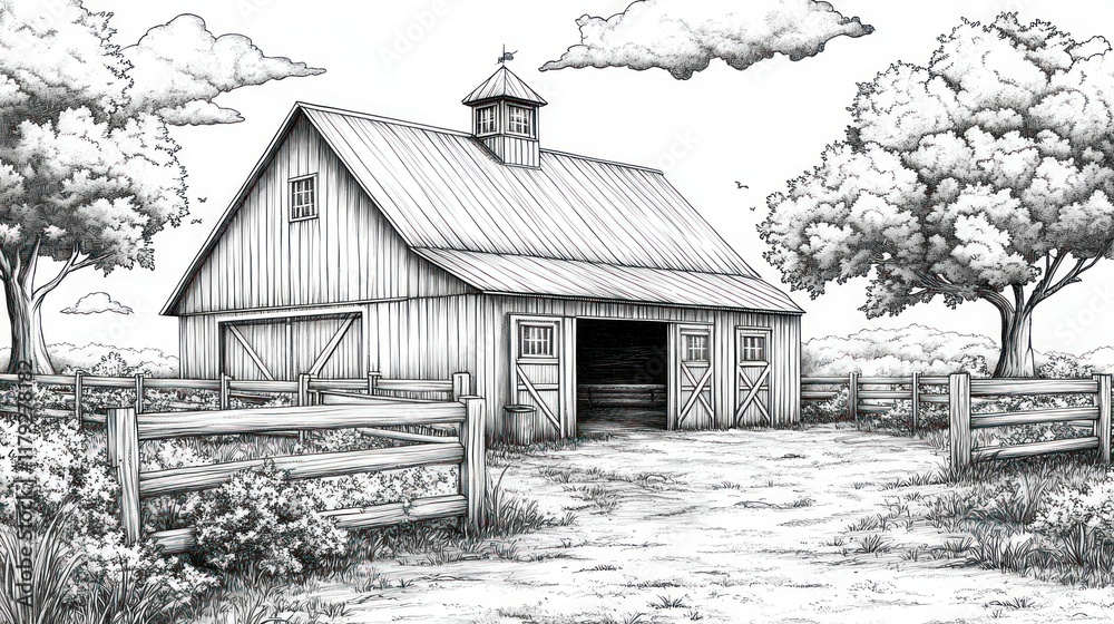 Rustic wooden barn in idyllic countryside setting, detailed pencil sketch. Rustic wooden barn in idyllic countryside setting, detailed pencil sketch.