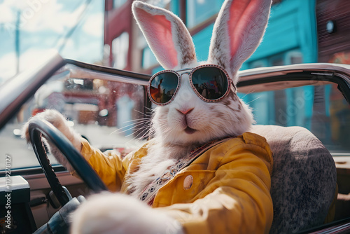 Silly Easter bunny rockstar driving a cool car in an urban setting