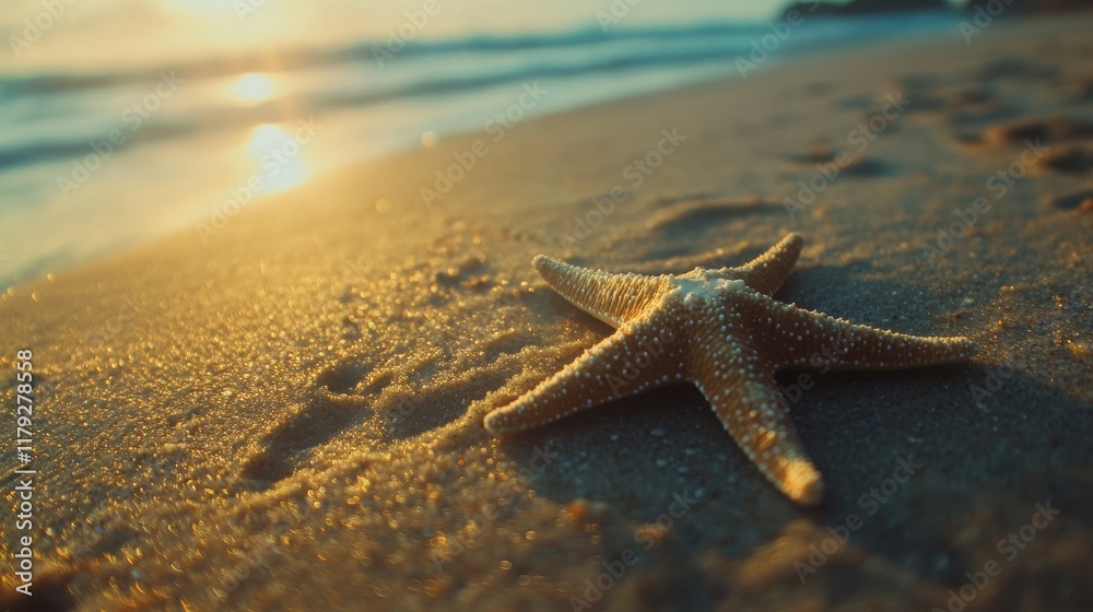 Golden Hour Starfish on Sandy Beach. Golden Hour Starfish on Sandy Beach.