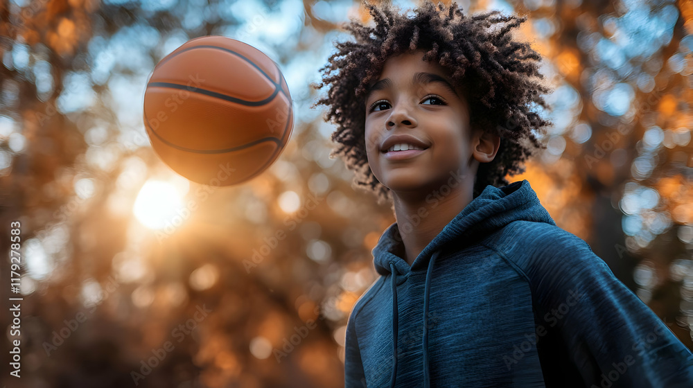 Young boy looks up at a basketball in motion against a blurry autumn forest background at sunset. Young boy looks up at a basketball in motion against a blurry autumn forest background at sunset.