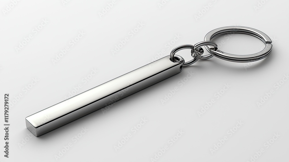 Sleek silver keychain on white background, minimalist design, ideal for branding mockups. Sleek silver keychain on white background, minimalist design, ideal for branding mockups.