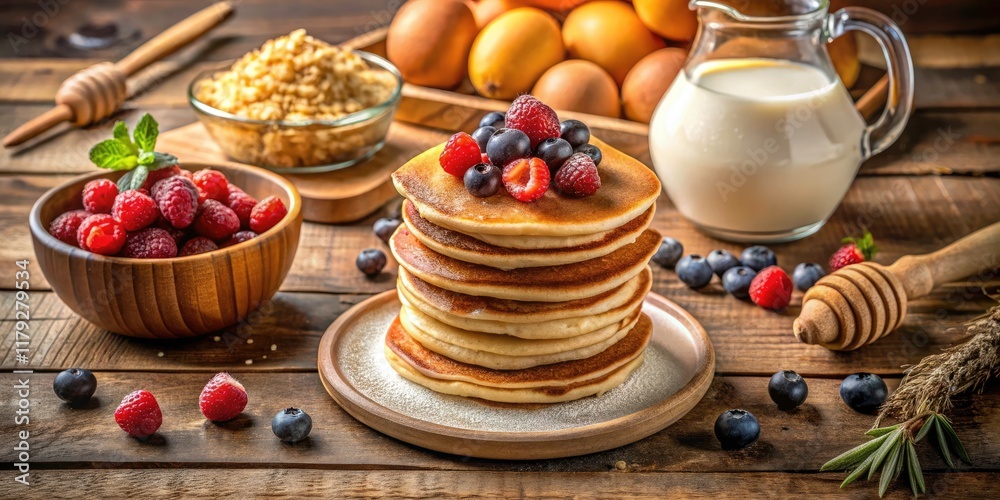 Fototapeta premium Delicious Pancakes with Fresh Ingredients - Cooking Essentials for Perfect Pancake Recipes