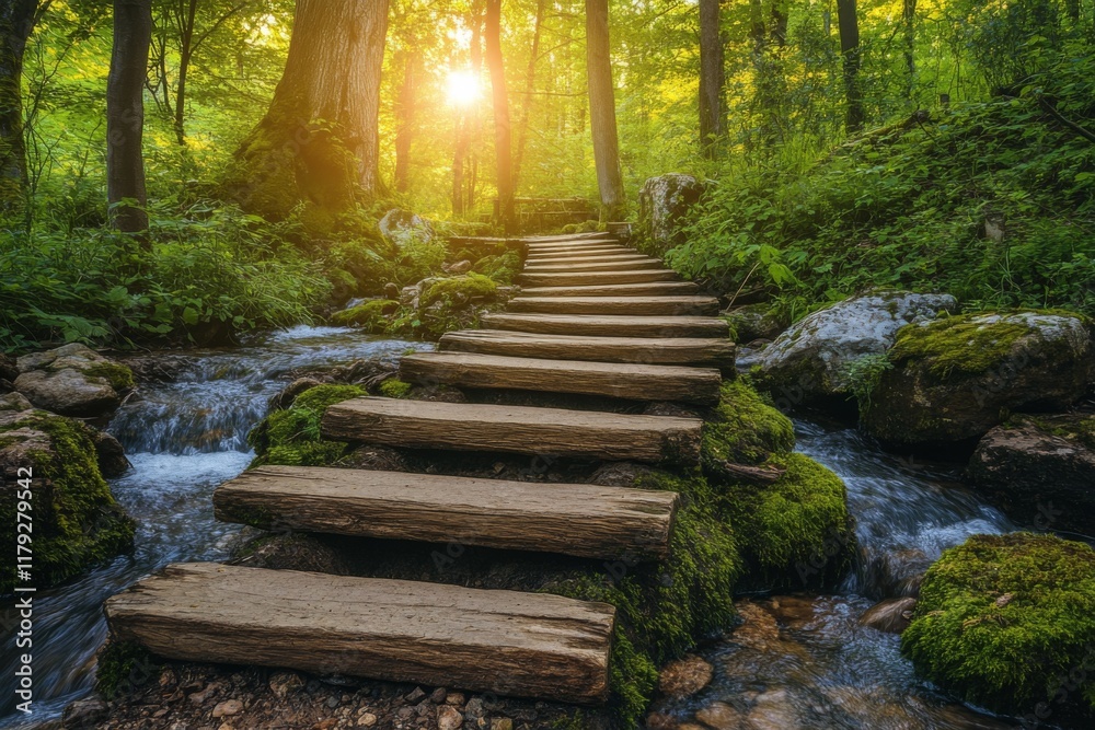 Fototapeta premium Lush forest with a wooden bridge over a mossy stream