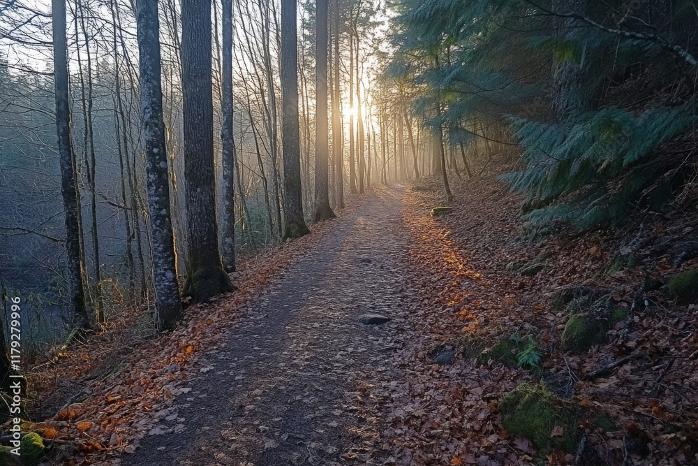 Obraz premium Quiet forest trail surrounded by trees and soft moss