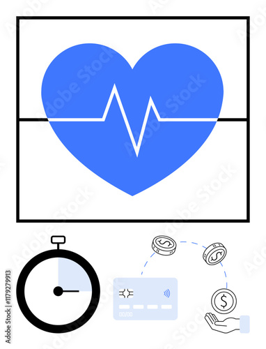 Heartbeat symbol with an electrocardiogram line, stopwatch, credit card, coins, and a hand. Ideal for healthcare apps, financial services, insurance, e-commerce time management fitness