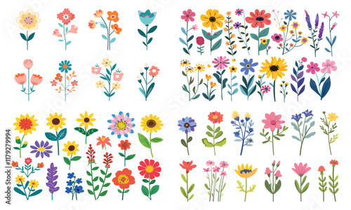 set of colorful flowers vector Flat style cartoon vector illustration isolated on a white background