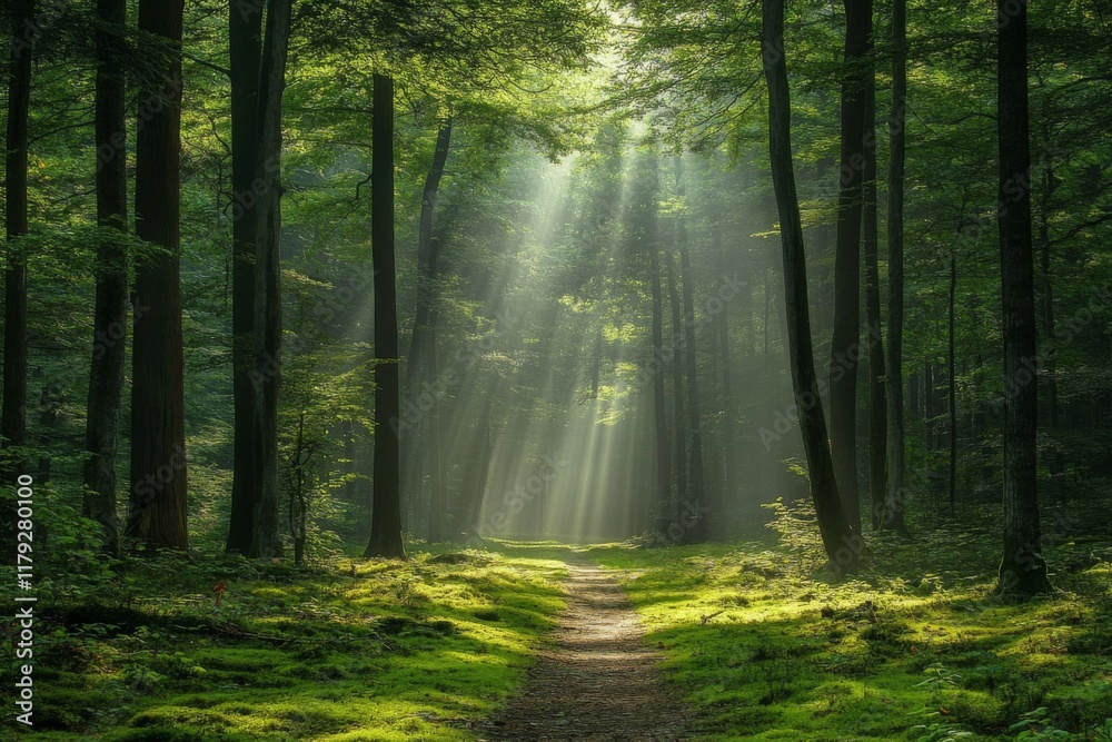 Fototapeta premium Peaceful forest with sun rays illuminating the mossy ground