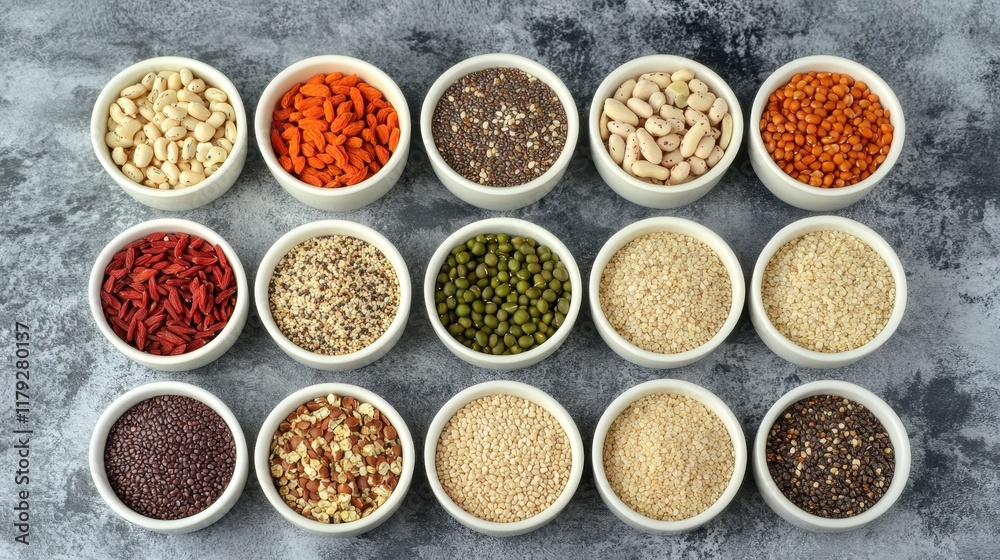 Assortment of healthy seeds and grains in bowls. Assortment of healthy seeds and grains in bowls.