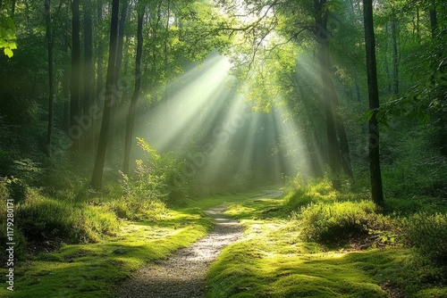 Mystical forest with sun rays piercing through dense trees