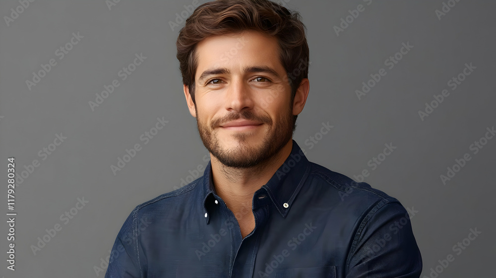 Portrait of a Smiling Man with Brown Hair and a Beard in a Blue Shirt Against a Gray Backdrop Portrait of a Smiling Man with Brown Hair and a Beard in a Blue Shirt Against a Gray Backdrop