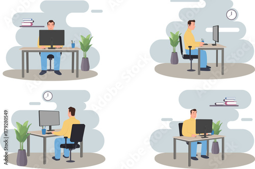 A Man working with a computer in different views. Vector illustration