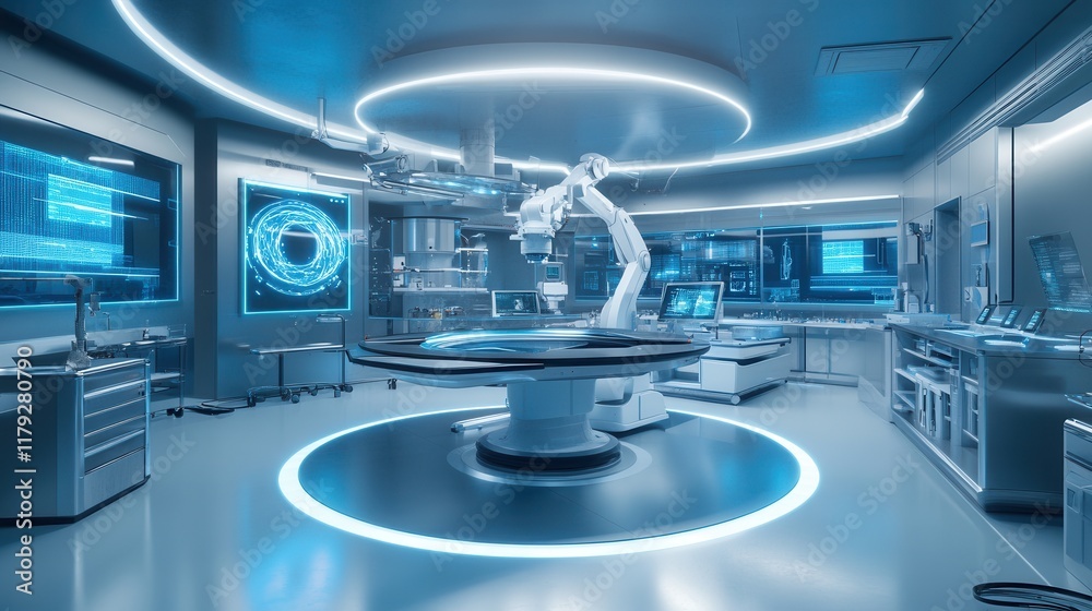 Cutting-edge futuristic operating room with advanced medical robotics and technology. Cutting-edge futuristic operating room with advanced medical robotics and technology.
