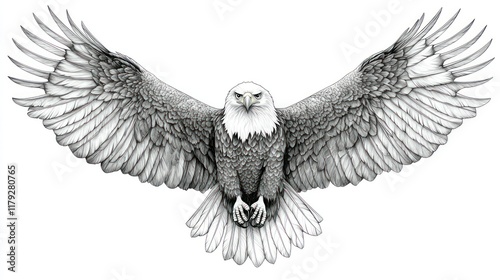 Majestic bald eagle in flight, wings spread wide, monochrome illustration. photo