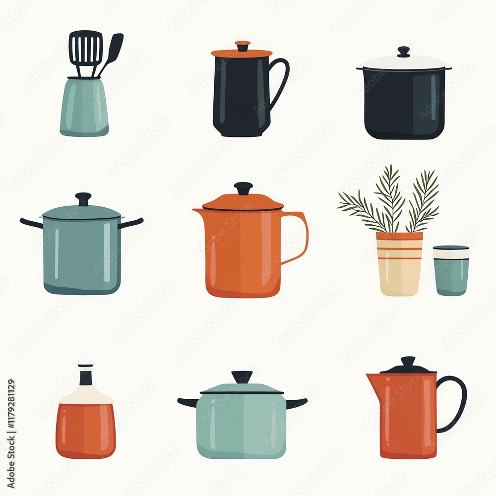 A colorful arrangement of kitchen utensils and pots, showcasing various cookware styles and a decorative plant, ideal for a modern kitchen aesthetic. A colorful arrangement of kitchen utensils and pots, showcasing various cookware styles and a decorative plant, ideal for a modern kitchen aesthetic.