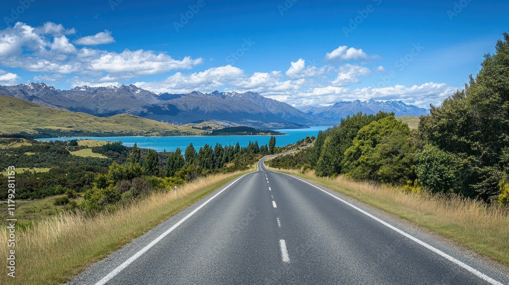 Fototapeta premium A scenic road leads toward a tranquil lake surrounded by mountains and lush greenery.