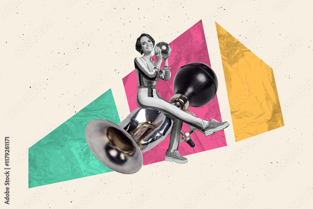 Φωτογραφία 3d sketch poster trend collage image of happy girl hold disco ball flute horn mu