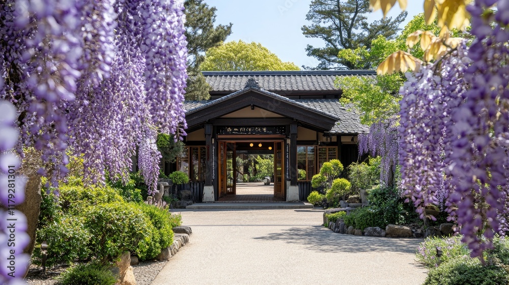 A charming Japanese home entrance framed by climbing wisteria. A charming Japanese home entrance framed by climbing wisteria.