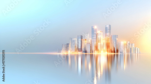 Picture of modern skyscrapers of a smart city, futuristic financial district with buildings and reflections , blue color background for corporate and business template with warm sun rays of light
