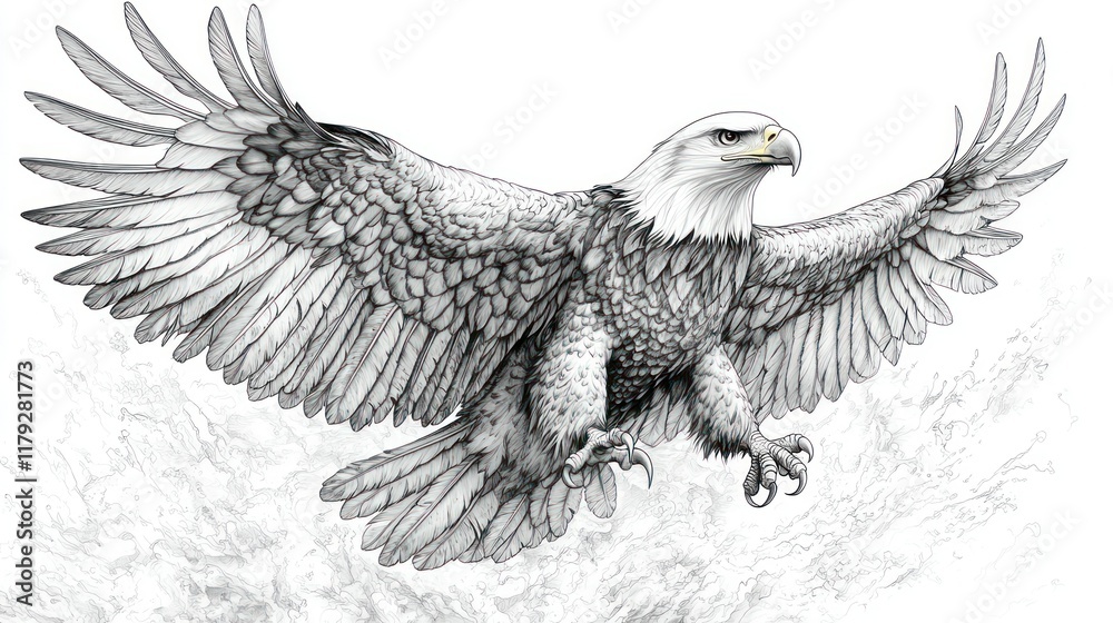 Fototapeta premium Majestic bald eagle in flight, detailed pencil sketch.