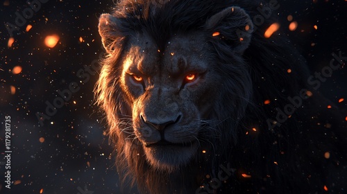 Fierce lion with glowing eyes amidst sparks. photo