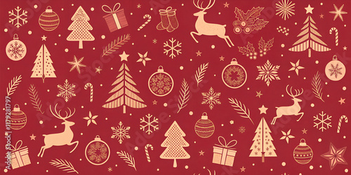 Christmas themed pattern with a vibrant red background and varaites chirstmas symbols
