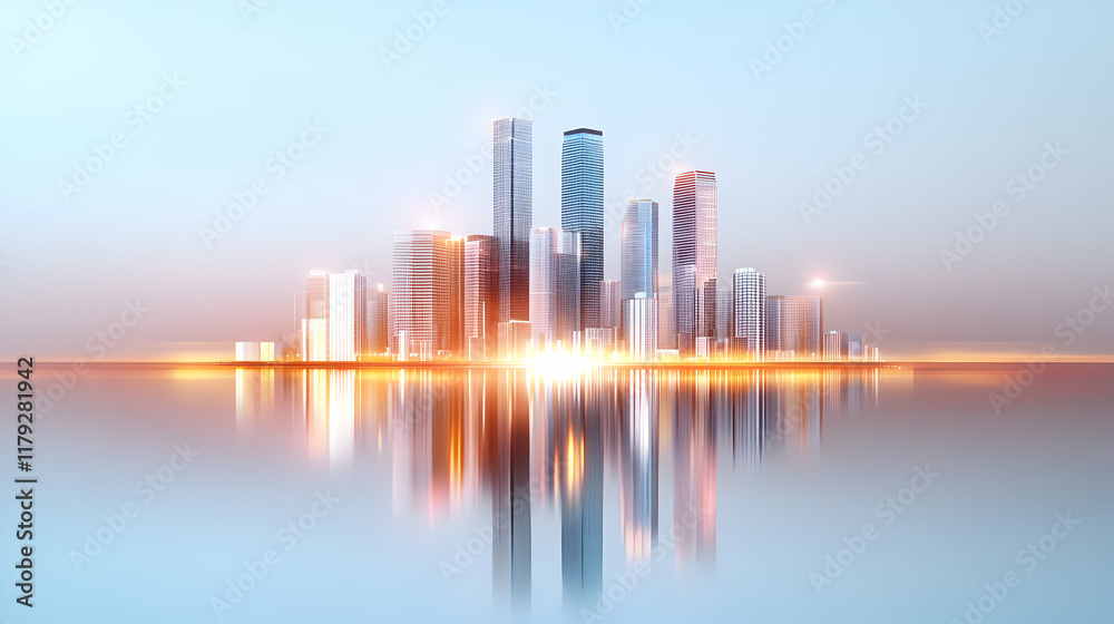 Fototapeta premium Picture of modern skyscrapers of a smart city, futuristic financial district with buildings and reflections , blue color background for corporate and business template with warm sun rays of light