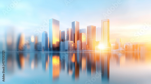 Picture of modern skyscrapers of a smart city, futuristic financial district with buildings and reflections , blue color background for corporate and business template with warm sun rays of light