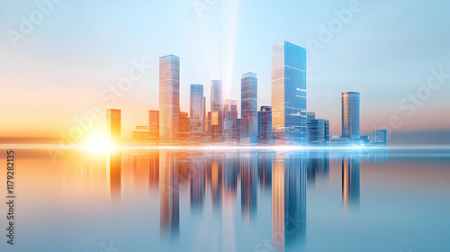 Picture of modern skyscrapers of a smart city, futuristic financial district with buildings and reflections , blue color background for corporate and business template with warm sun rays of light