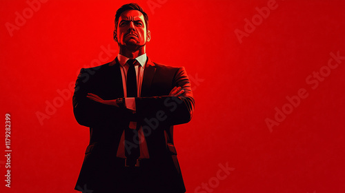 A middle aged businessman standing calm and serious from stress and crisis. Red modern creative corporate styled background in red tones.