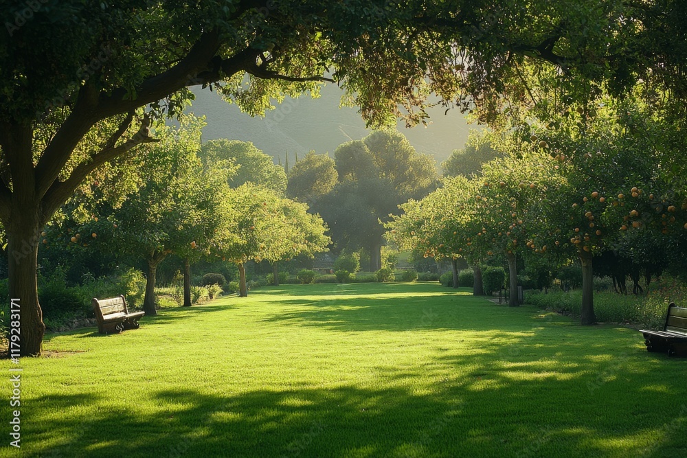 Sunny green meadow surrounded by lush trees and flowers Sunny green meadow surrounded by lush trees and flowers