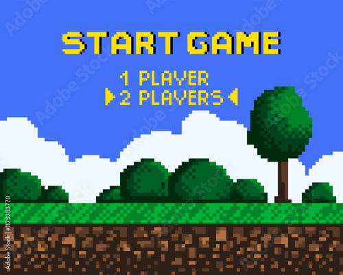 Background for pixel game. Game start. 8-bit Pixel interface. Character selection. Achievements in arcade games. Vector illustration