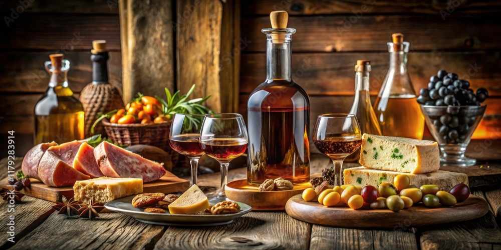 Elegant Bottle of Liquor Surrounded by Gourmet Snacks and Glassware for Stunning Food Photography Elegant Bottle of Liquor Surrounded by Gourmet Snacks and Glassware for Stunning Food Photography