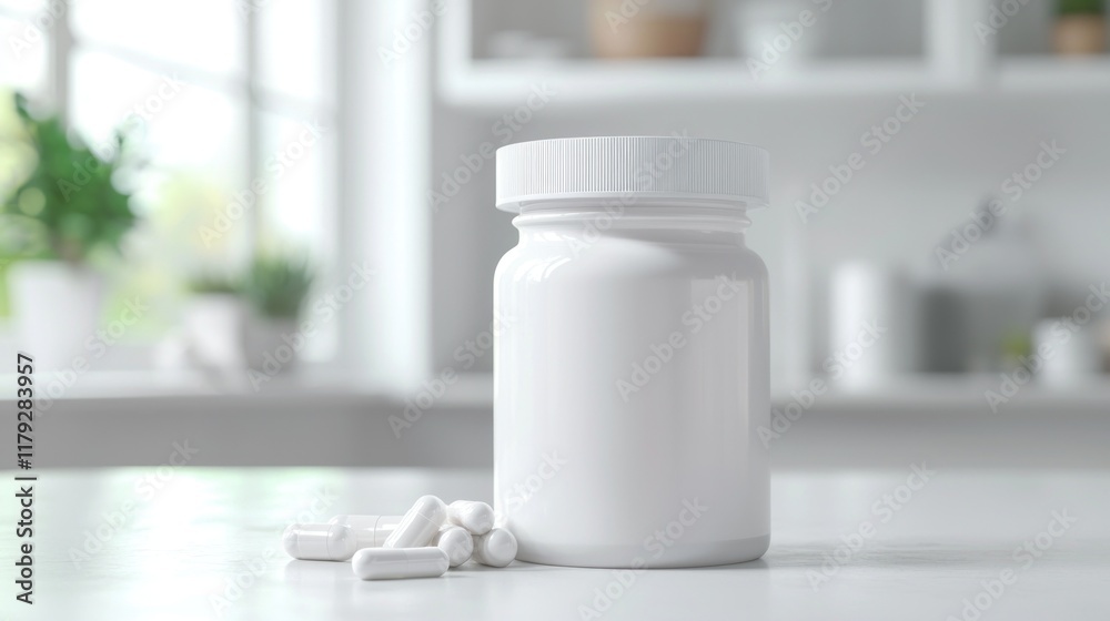White Supplement Bottle and Pills on Kitchen Counter White Supplement Bottle and Pills on Kitchen Counter