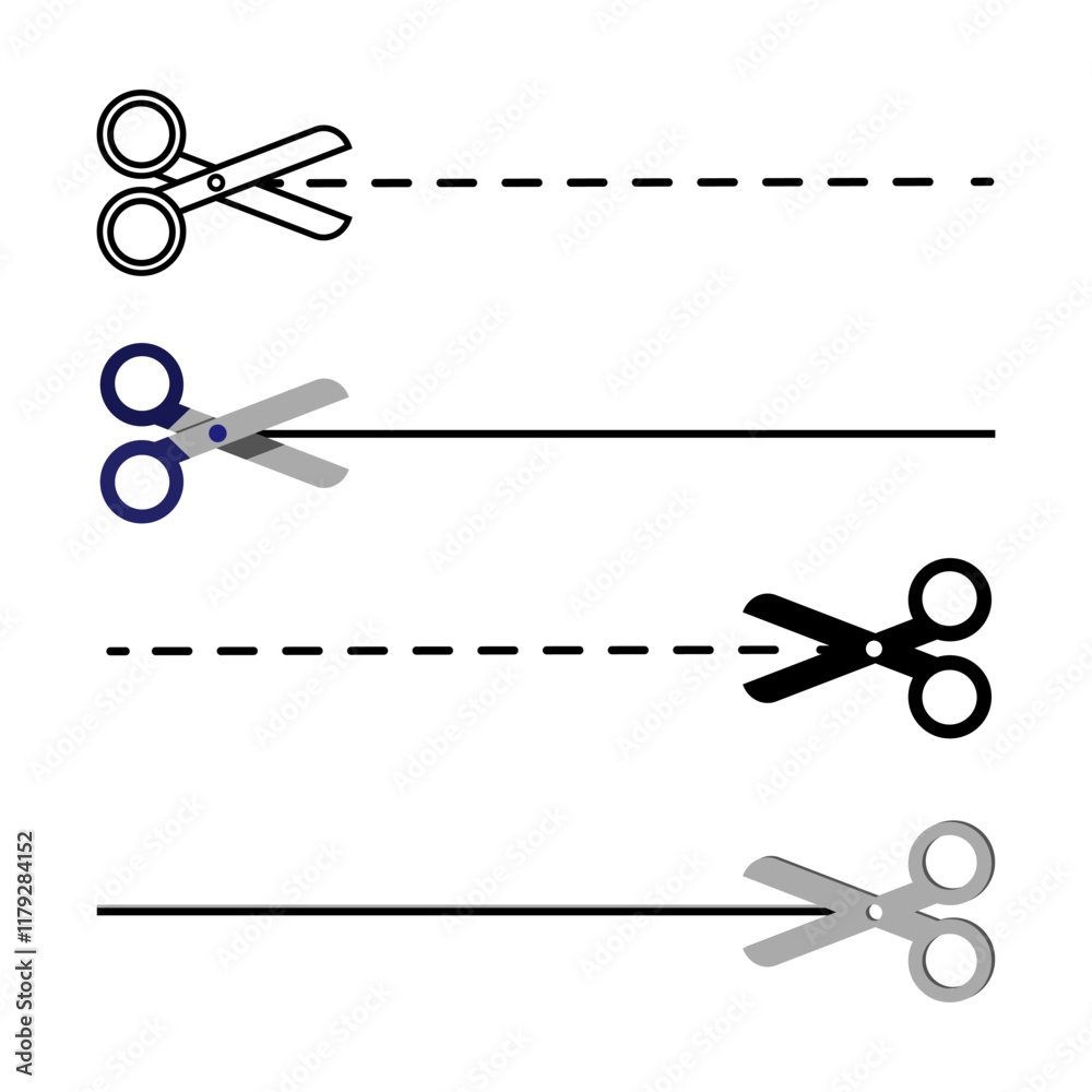 Set of different scissors that cut. Cutting with scissors. Vector illustration