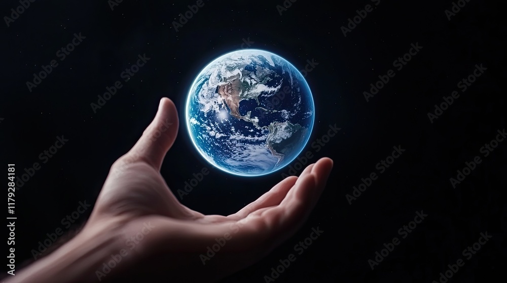 A hand holds a glowing Earth, symbolizing care for the planet and the connection between humanity and nature. A hand holds a glowing Earth, symbolizing care for the planet and the connection between humanity and nature.