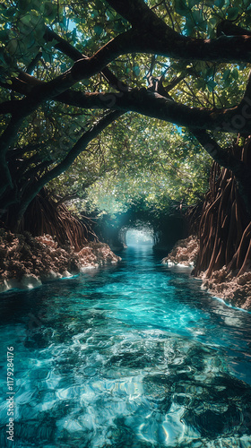 Ancient mangrove tunnel in phosphorescent lagoon