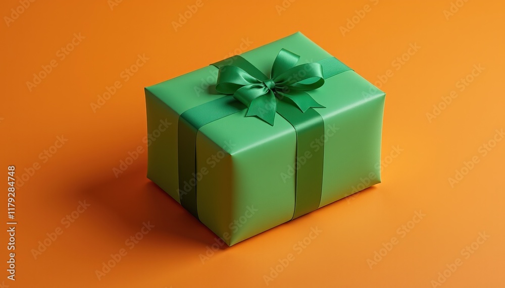 Green gift box with bow on orange background. Green gift box with bow on orange background.
