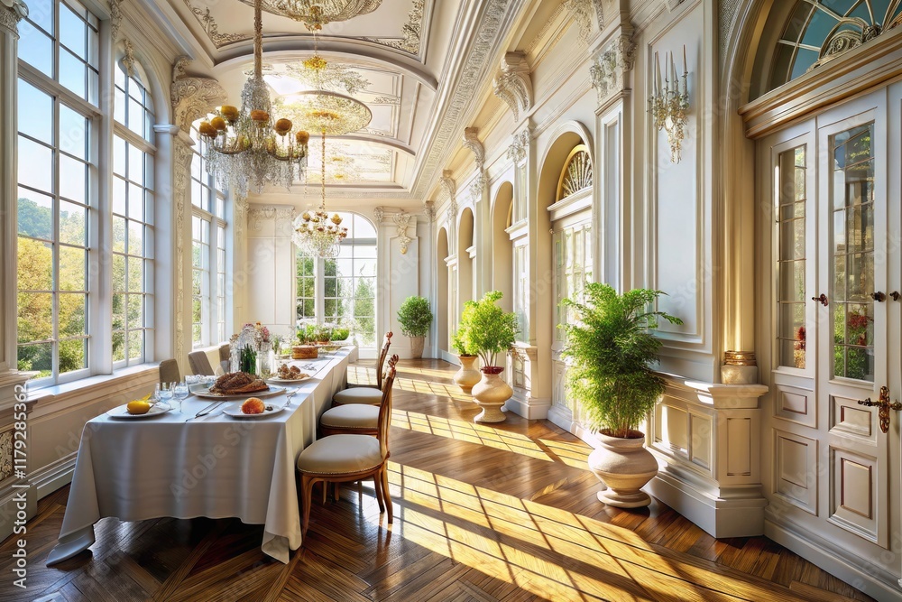 Elegant White Hallway Food Photography: Stunning Table Setting, Delicious Dishes, Luxury Dining Elegant White Hallway Food Photography: Stunning Table Setting, Delicious Dishes, Luxury Dining
