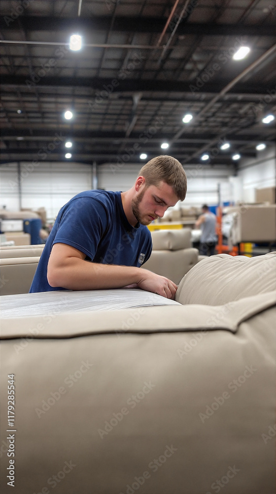 Young bearded worker in a blue tank top assembling upholstered furniture Young bearded worker in a blue tank top assembling upholstered furniture